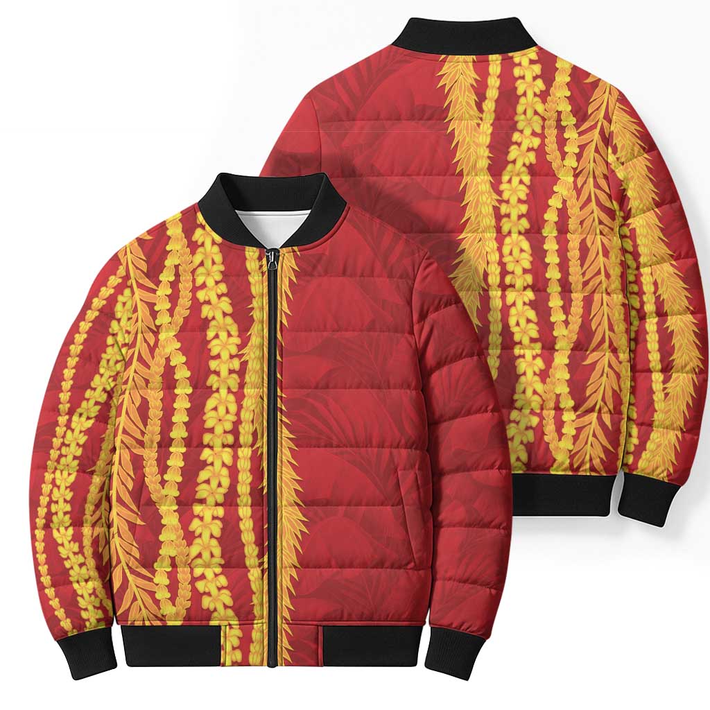 Hawaii Prince Kuhio Bomber Puffer Jacket Red Hawaiian Lau Maia With Leis