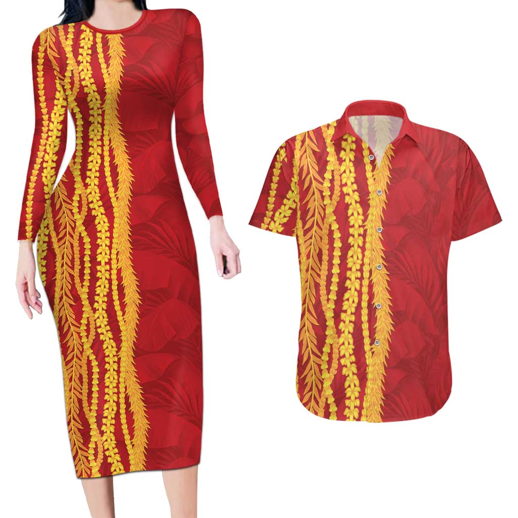 Hawaii Prince Kuhio Couples Matching Long Sleeve Bodycon Dress and Hawaiian Shirt Red Hawaiian Lau Maia With Leis