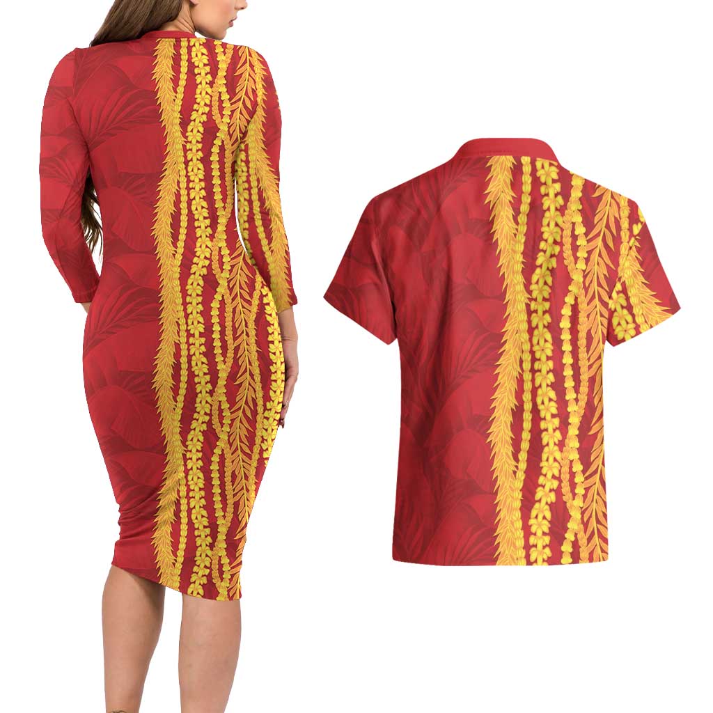 Hawaii Prince Kuhio Couples Matching Long Sleeve Bodycon Dress and Hawaiian Shirt Red Hawaiian Lau Maia With Leis LT05 - Polynesian Pride