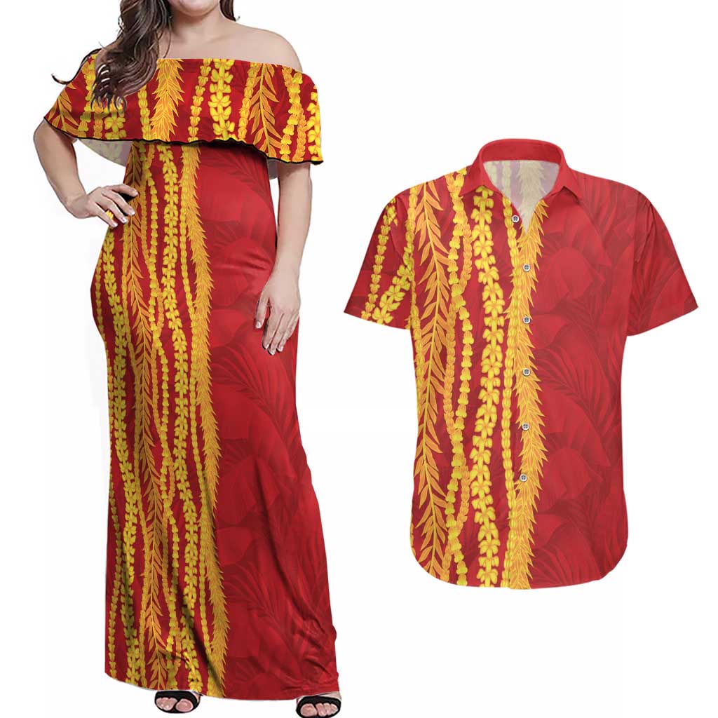 Hawaii Prince Kuhio Couples Matching Off Shoulder Maxi Dress and Hawaiian Shirt Red Hawaiian Lau Maia With Leis