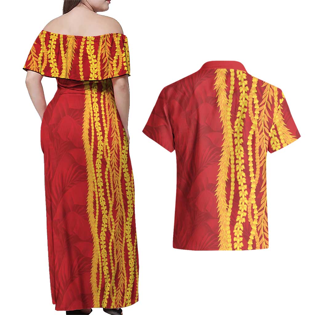 Hawaii Prince Kuhio Couples Matching Off Shoulder Maxi Dress and Hawaiian Shirt Red Hawaiian Lau Maia With Leis