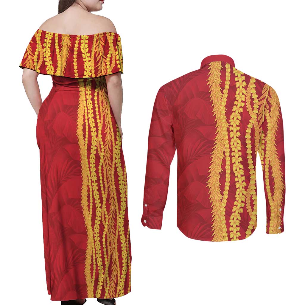 Hawaii Prince Kuhio Couples Matching Off Shoulder Maxi Dress and Long Sleeve Button Shirt Red Hawaiian Lau Maia With Leis