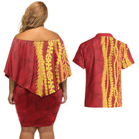 Hawaii Prince Kuhio Couples Matching Off Shoulder Short Dress and Hawaiian Shirt Red Hawaiian Lau Maia With Leis