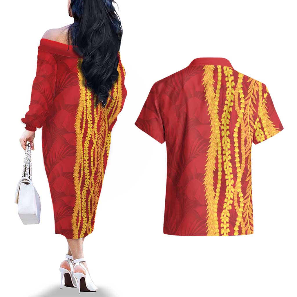 Hawaii Prince Kuhio Couples Matching Off The Shoulder Long Sleeve Dress and Hawaiian Shirt Red Hawaiian Lau Maia With Leis LT05 - Polynesian Pride