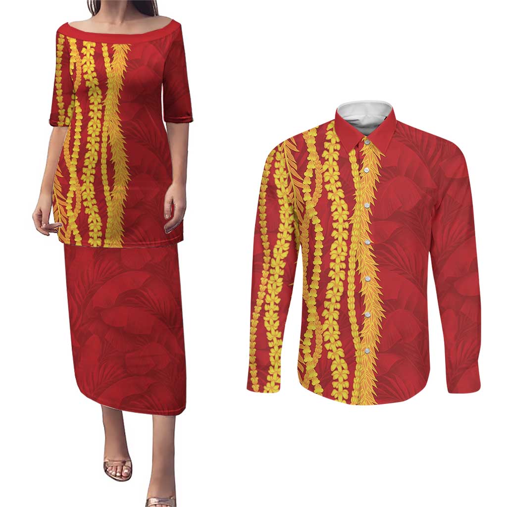 Hawaii Prince Kuhio Couples Matching Puletasi and Long Sleeve Button Shirt Red Hawaiian Lau Maia With Leis