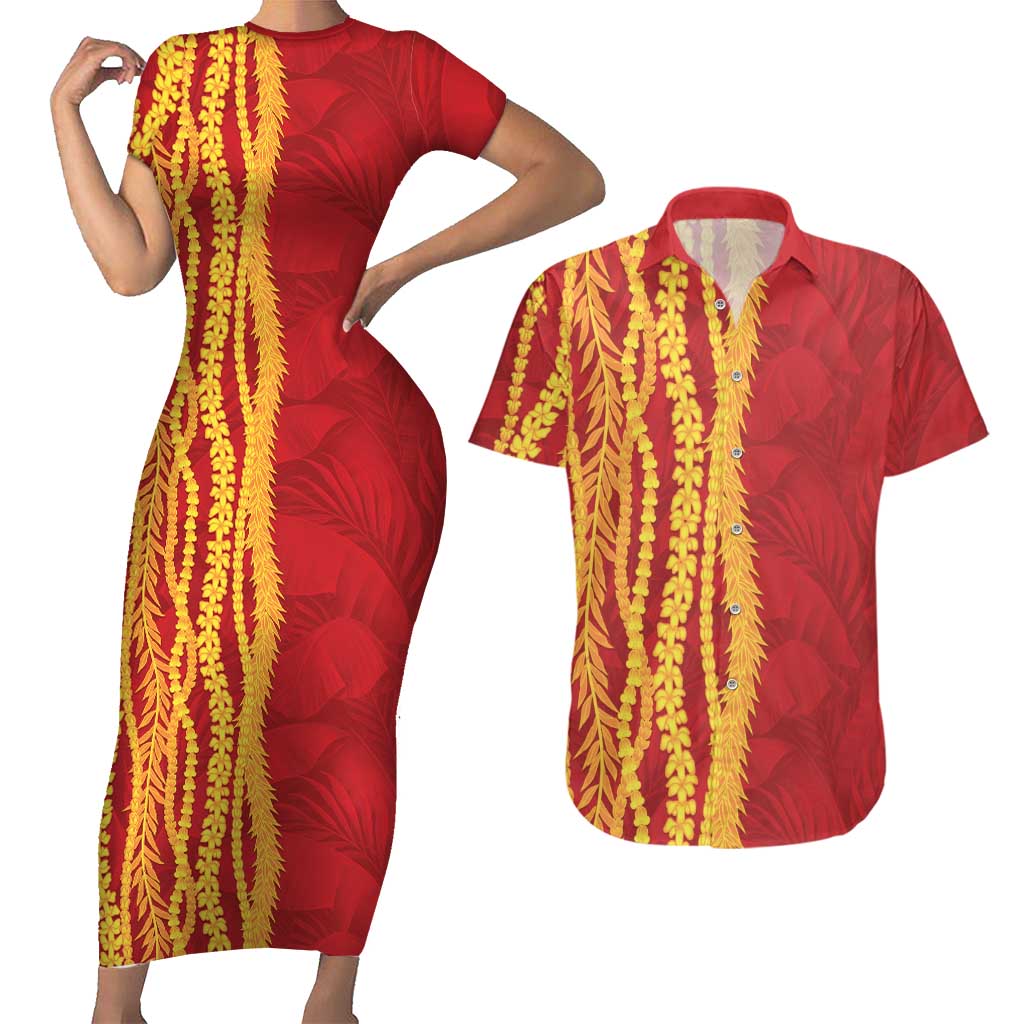 Hawaii Prince Kuhio Couples Matching Short Sleeve Bodycon Dress and Hawaiian Shirt Red Hawaiian Lau Maia With Leis LT05 Red - Polynesian Pride