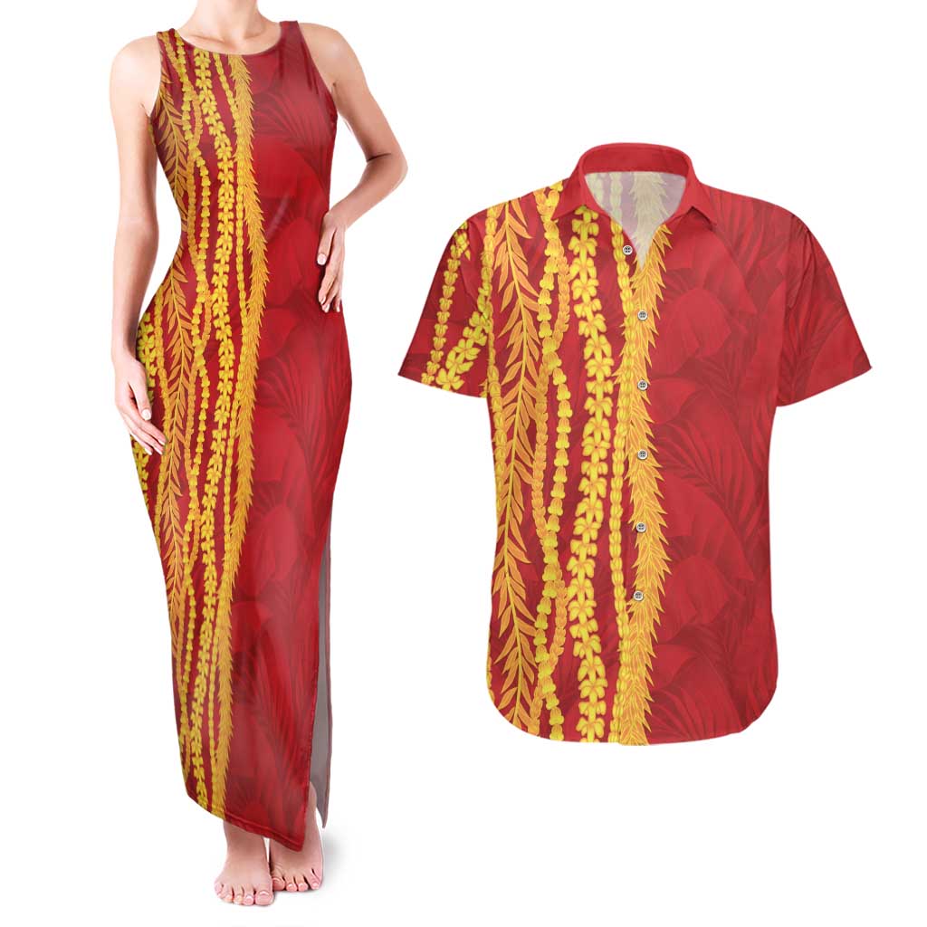 Hawaii Prince Kuhio Couples Matching Tank Maxi Dress and Hawaiian Shirt Red Hawaiian Lau Maia With Leis LT05 Red - Polynesian Pride