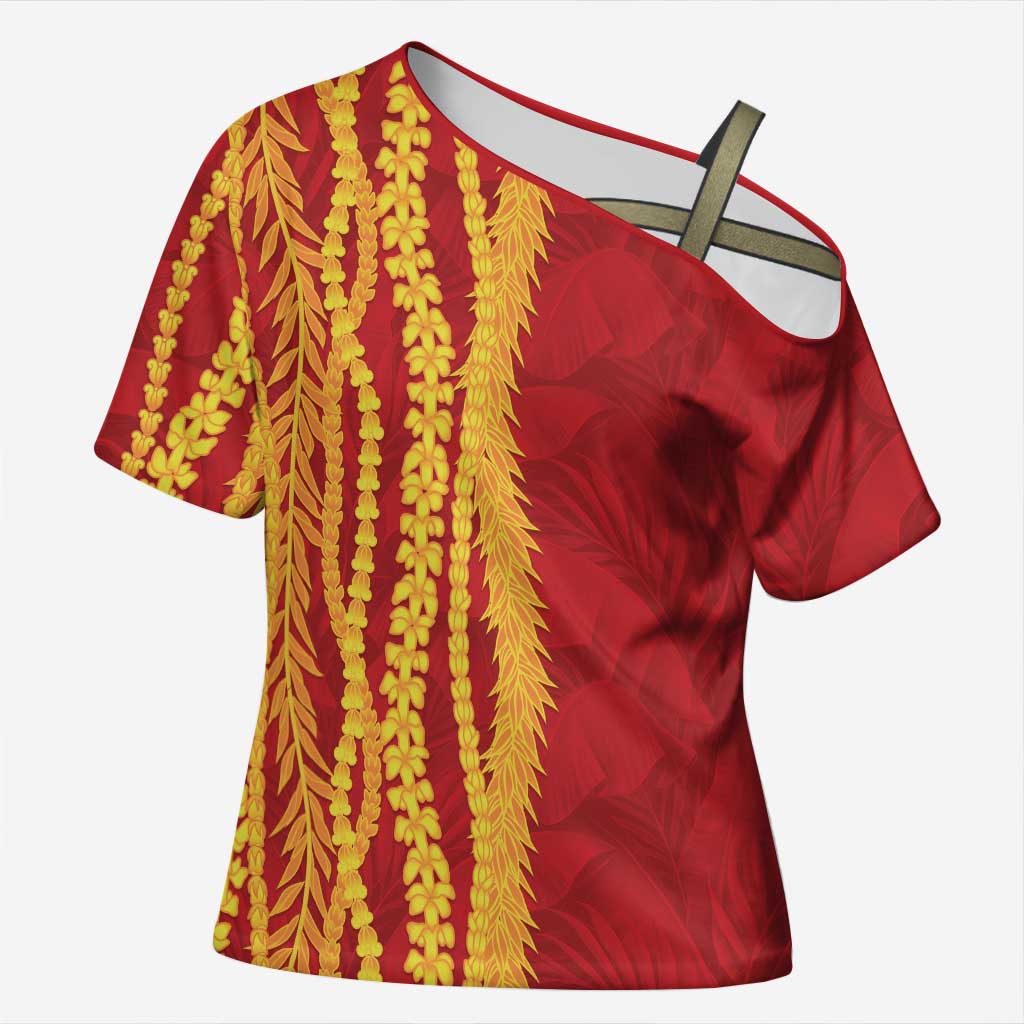 Hawaii Prince Kuhio Cross Shoulder Shirt Red Hawaiian Lau Maia With Leis