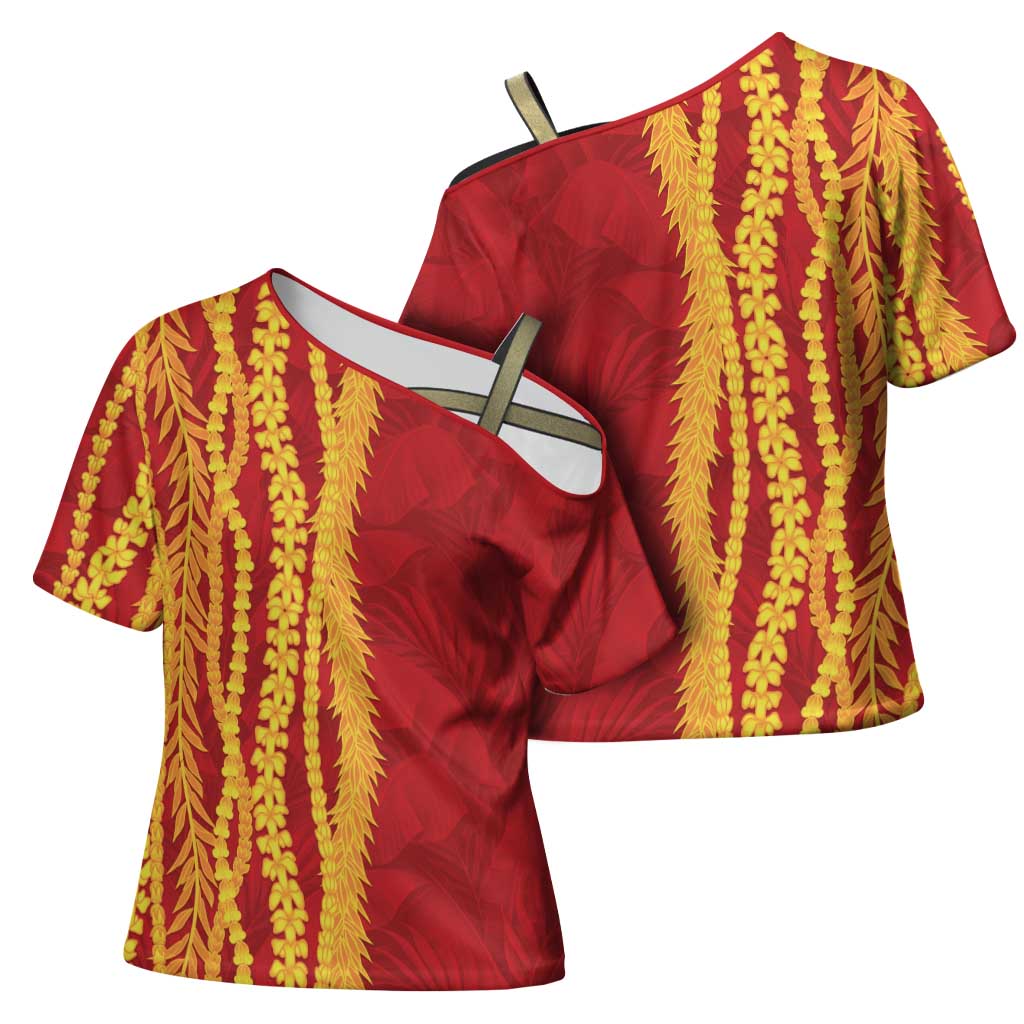 Hawaii Prince Kuhio Cross Shoulder Shirt Red Hawaiian Lau Maia With Leis