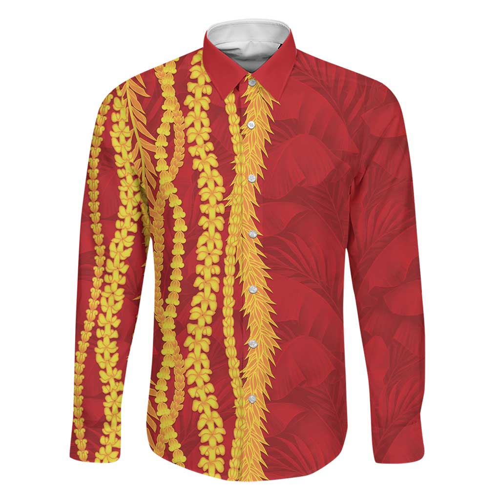 Hawaii Prince Kuhio Family Matching Mermaid Dress and Hawaiian Shirt Red Hawaiian Lau Maia With Leis LT05 Dad's Shirt - Long Sleeve Red - Polynesian Pride