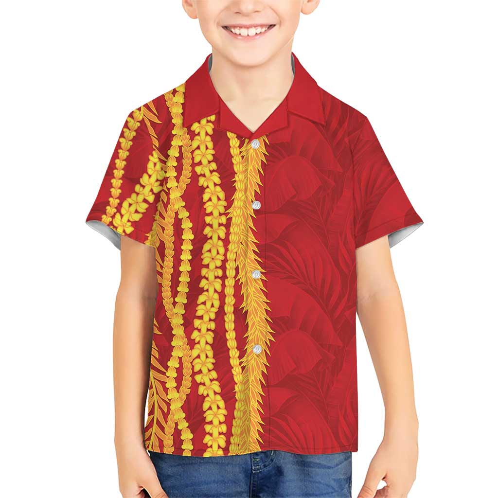 Hawaii Prince Kuhio Family Matching Mermaid Dress and Hawaiian Shirt Red Hawaiian Lau Maia With Leis LT05 Son's Shirt Red - Polynesian Pride