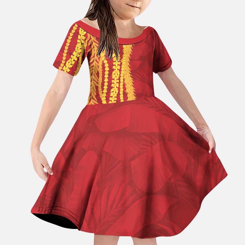 Hawaii Prince Kuhio Family Matching Off The Shoulder Long Sleeve Dress and Hawaiian Shirt Red Hawaiian Lau Maia With Leis LT05 Daughter's Dress Red - Polynesian Pride