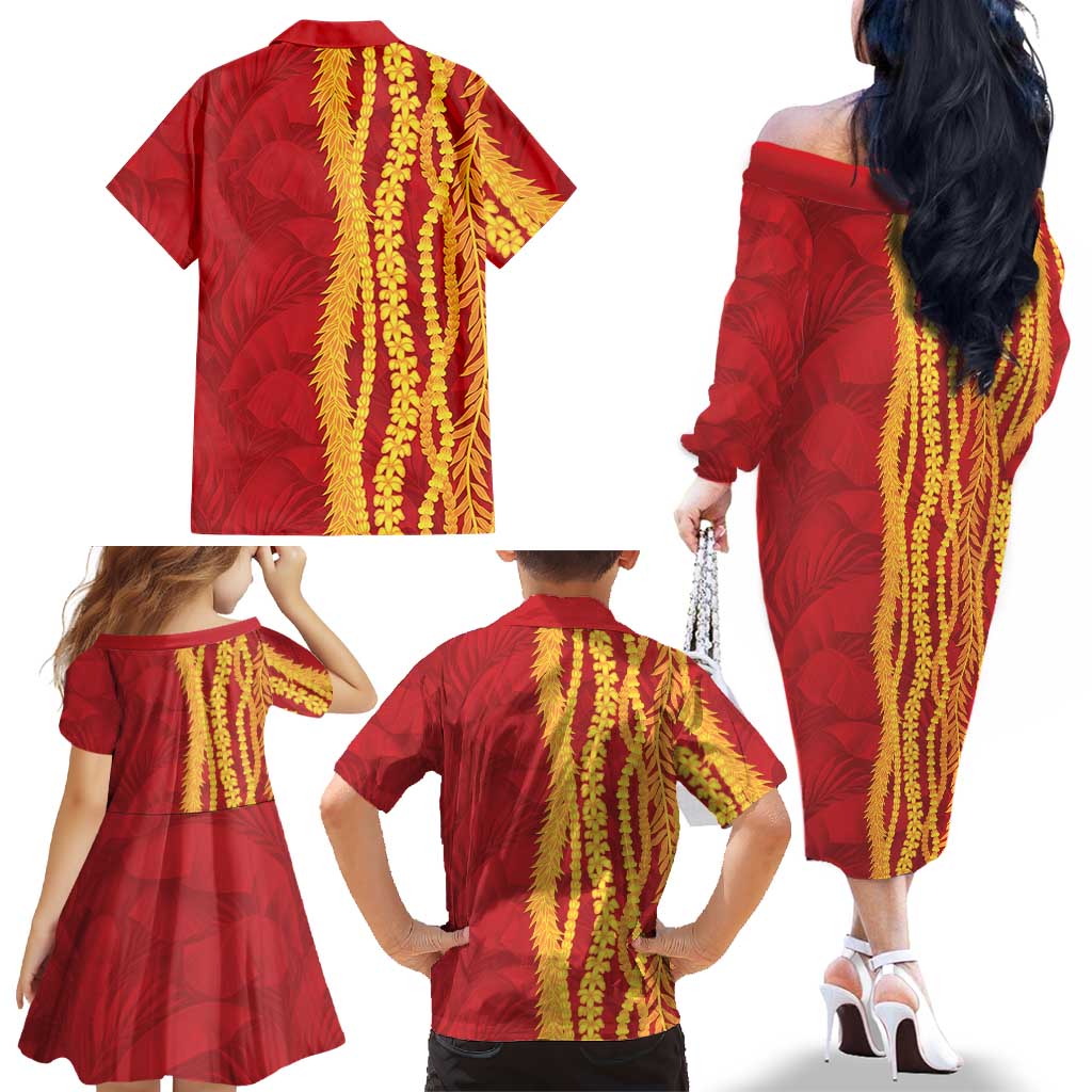 Hawaii Prince Kuhio Family Matching Off The Shoulder Long Sleeve Dress and Hawaiian Shirt Red Hawaiian Lau Maia With Leis LT05 - Polynesian Pride