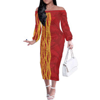 Hawaii Prince Kuhio Family Matching Off The Shoulder Long Sleeve Dress and Hawaiian Shirt Red Hawaiian Lau Maia With Leis LT05 Mom's Dress Red - Polynesian Pride