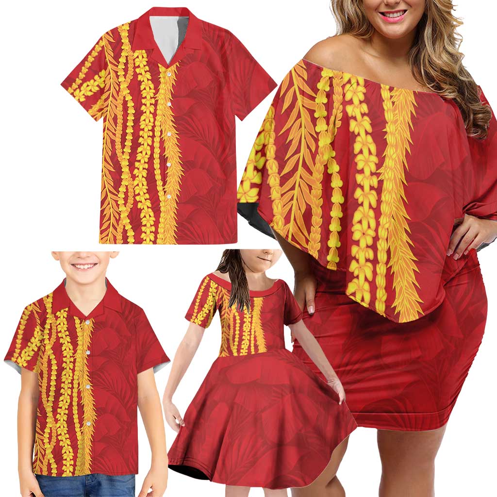 Hawaii Prince Kuhio Family Matching Off Shoulder Short Dress and Hawaiian Shirt Red Hawaiian Lau Maia With Leis LT05 - Polynesian Pride