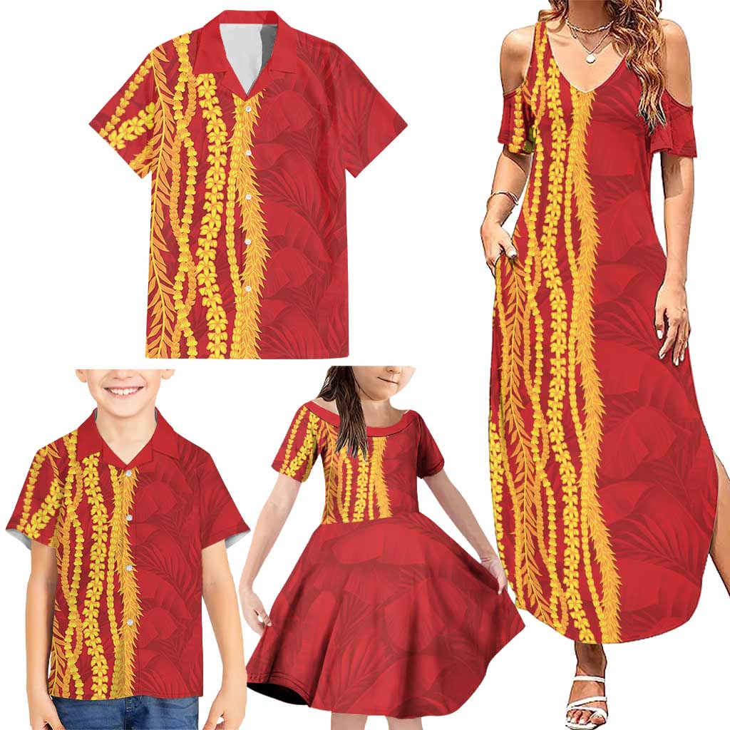 Hawaii Prince Kuhio Family Matching Summer Maxi Dress and Hawaiian Shirt Red Hawaiian Lau Maia With Leis
