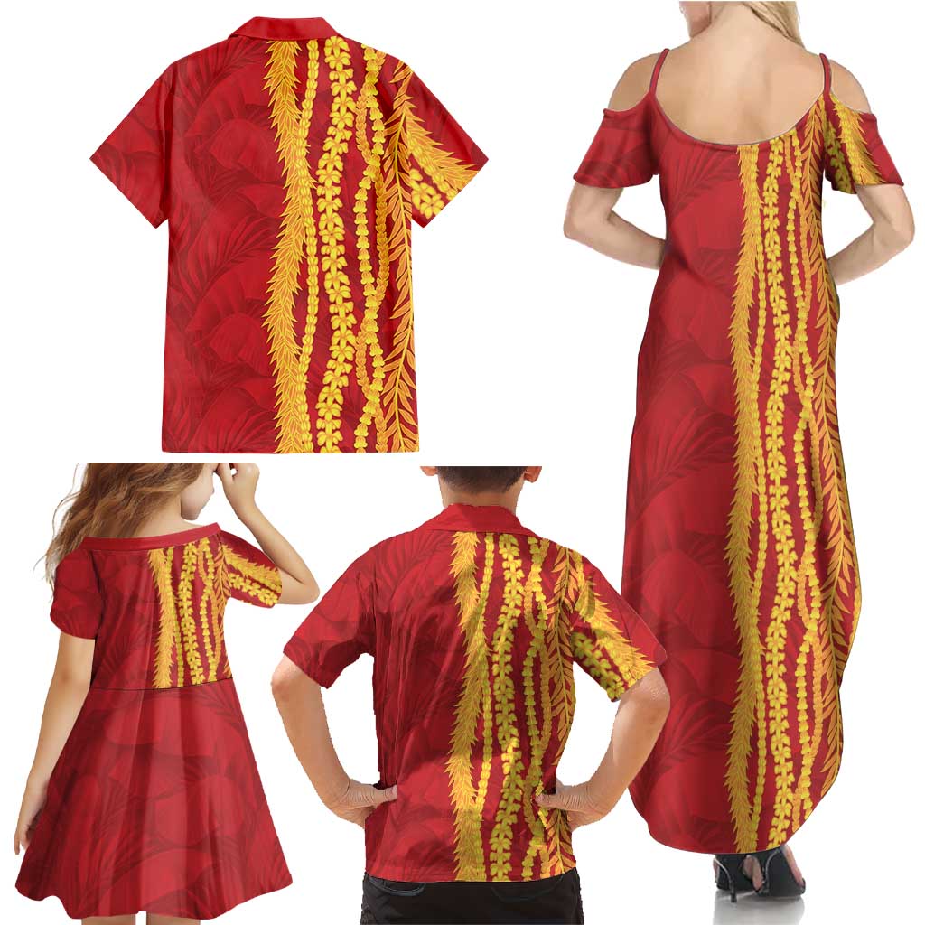 Hawaii Prince Kuhio Family Matching Summer Maxi Dress and Hawaiian Shirt Red Hawaiian Lau Maia With Leis LT05 - Polynesian Pride