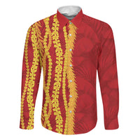 Hawaii Prince Kuhio Family Matching Summer Maxi Dress and Hawaiian Shirt Red Hawaiian Lau Maia With Leis LT05 Dad's Shirt - Long Sleeve Red - Polynesian Pride