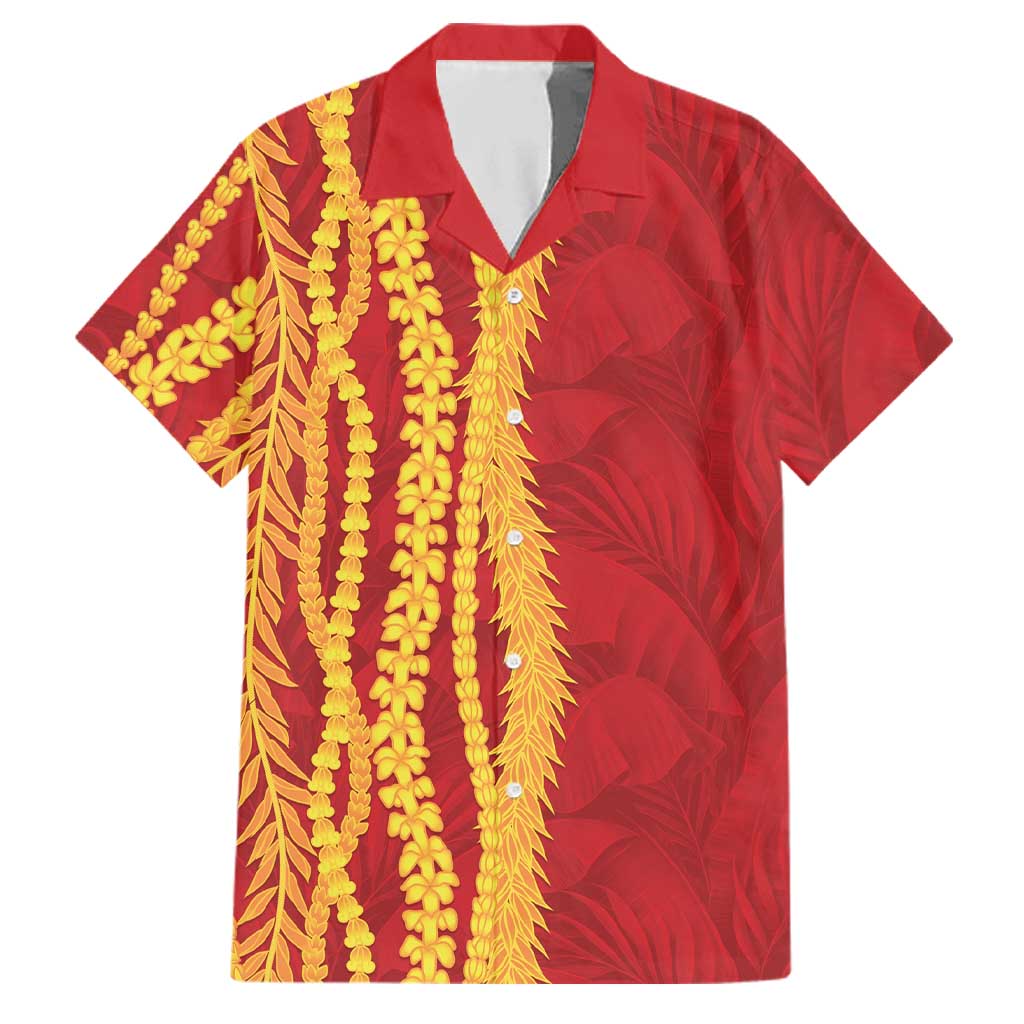 Hawaii Prince Kuhio Family Matching Tank Maxi Dress and Hawaiian Shirt Red Hawaiian Lau Maia With Leis LT05 Dad's Shirt - Short Sleeve Red - Polynesian Pride