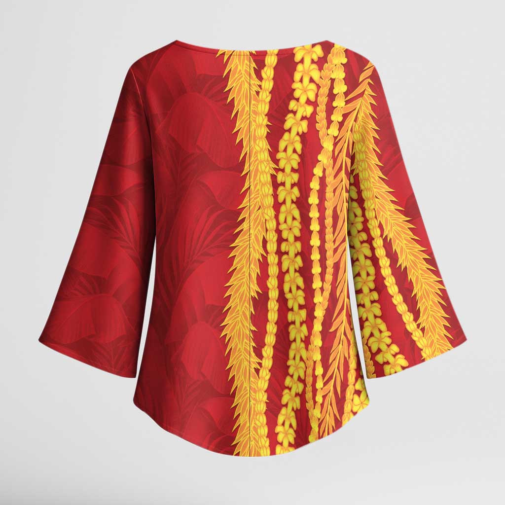 Hawaii Prince Kuhio Kimono Sleeve Blouse Red Hawaiian Lau Maia With Leis