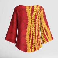 Hawaii Prince Kuhio Kimono Sleeve Blouse Red Hawaiian Lau Maia With Leis