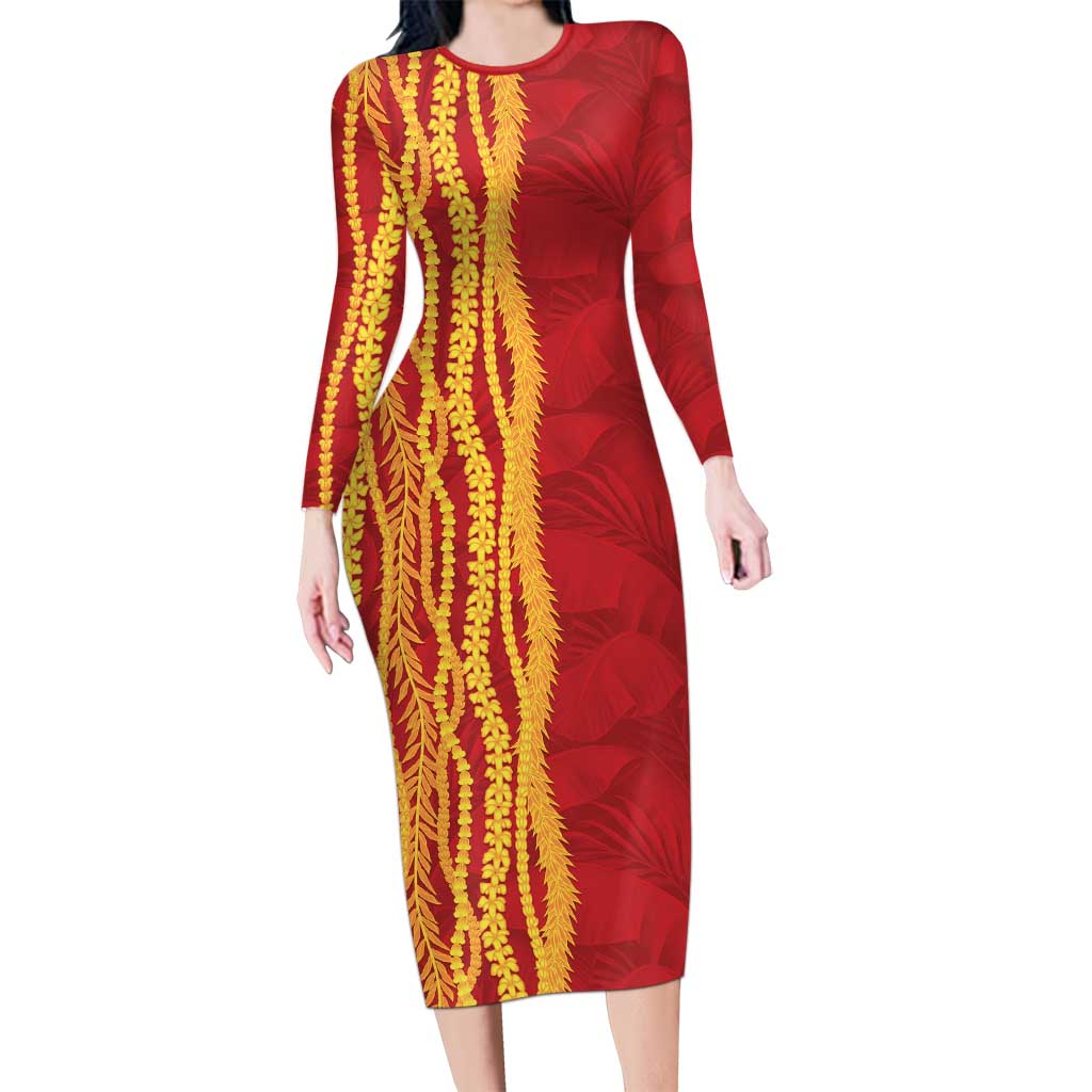 Hawaii Prince Kuhio Long Sleeve Bodycon Dress Red Hawaiian Lau Maia With Leis
