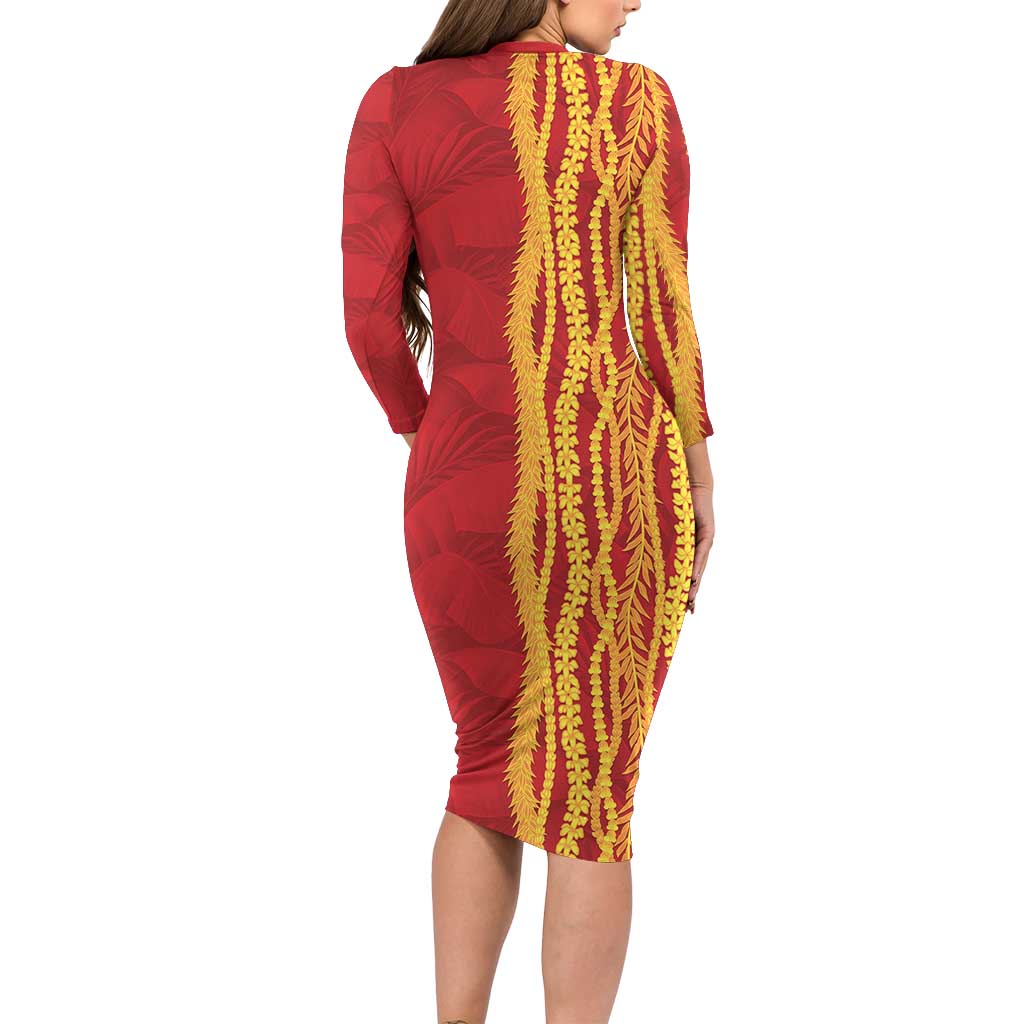 Hawaii Prince Kuhio Long Sleeve Bodycon Dress Red Hawaiian Lau Maia With Leis