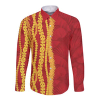 Hawaii Prince Kuhio Long Sleeve Button Shirt Red Hawaiian Lau Maia With Leis