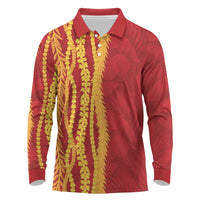 Hawaii Prince Kuhio Long Sleeve Polo Shirt Red Hawaiian Lau Maia With Leis