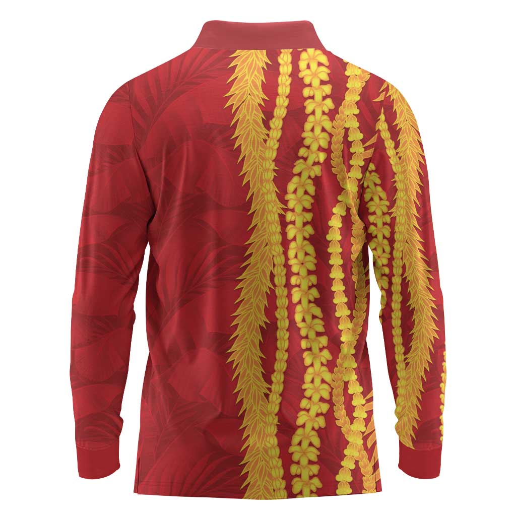 Hawaii Prince Kuhio Long Sleeve Polo Shirt Red Hawaiian Lau Maia With Leis