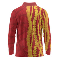 Hawaii Prince Kuhio Long Sleeve Polo Shirt Red Hawaiian Lau Maia With Leis