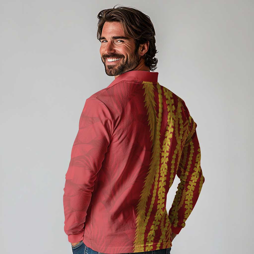 Hawaii Prince Kuhio Long Sleeve Polo Shirt Red Hawaiian Lau Maia With Leis