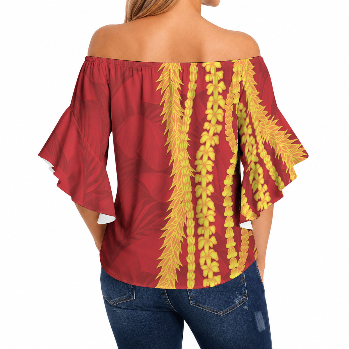 Hawaii Prince Kuhio Off Shoulder Wrap Waist Top Red Hawaiian Lau Maia With Leis LT05 - Polynesian Pride