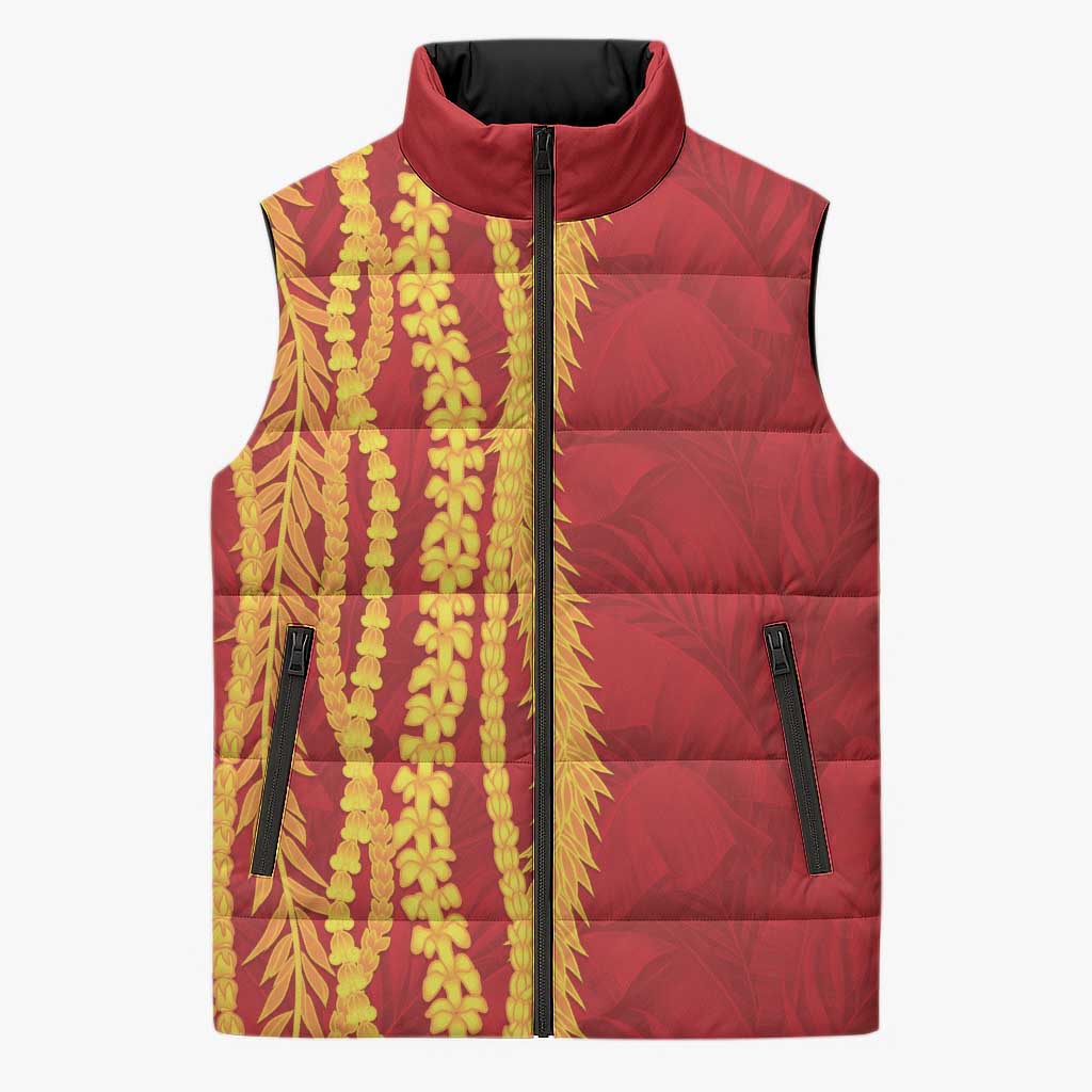 Hawaii Prince Kuhio Sleeveless Puffer Jacket Red Hawaiian Lau Maia With Leis