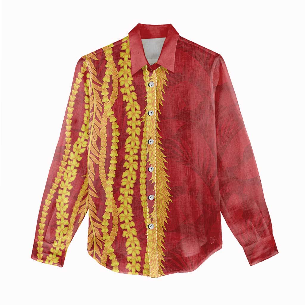 Hawaii Prince Kuhio Women Casual Shirt Red Hawaiian Lau Maia With Leis