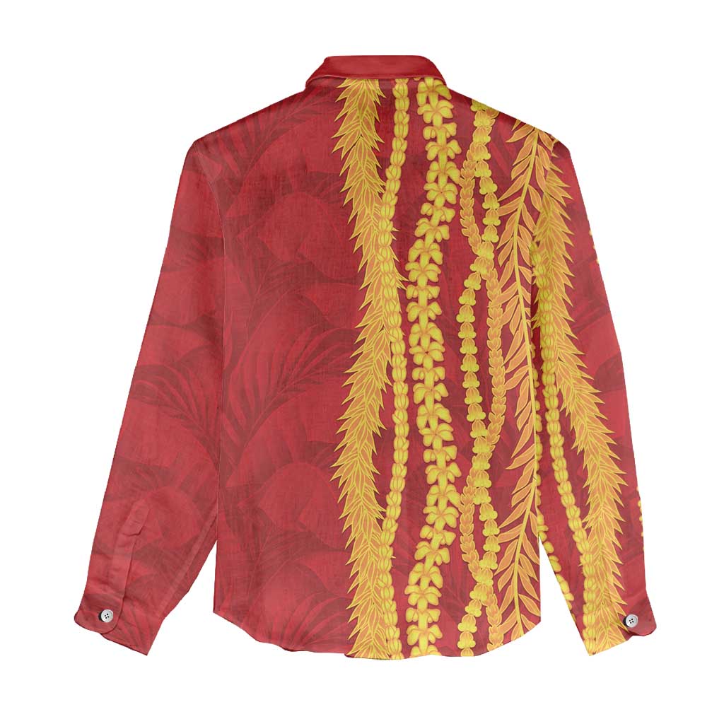 Hawaii Prince Kuhio Women Casual Shirt Red Hawaiian Lau Maia With Leis