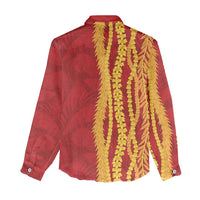 Hawaii Prince Kuhio Women Casual Shirt Red Hawaiian Lau Maia With Leis