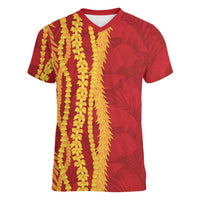Hawaii Prince Kuhio Women V-Neck T-Shirt Red Hawaiian Lau Maia With Leis