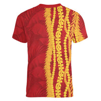 Hawaii Prince Kuhio Women V-Neck T-Shirt Red Hawaiian Lau Maia With Leis