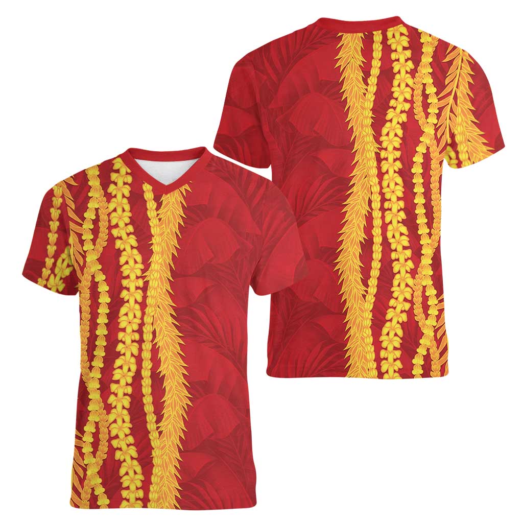 Hawaii Prince Kuhio Women V-Neck T-Shirt Red Hawaiian Lau Maia With Leis