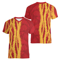 Hawaii Prince Kuhio Women V-Neck T-Shirt Red Hawaiian Lau Maia With Leis