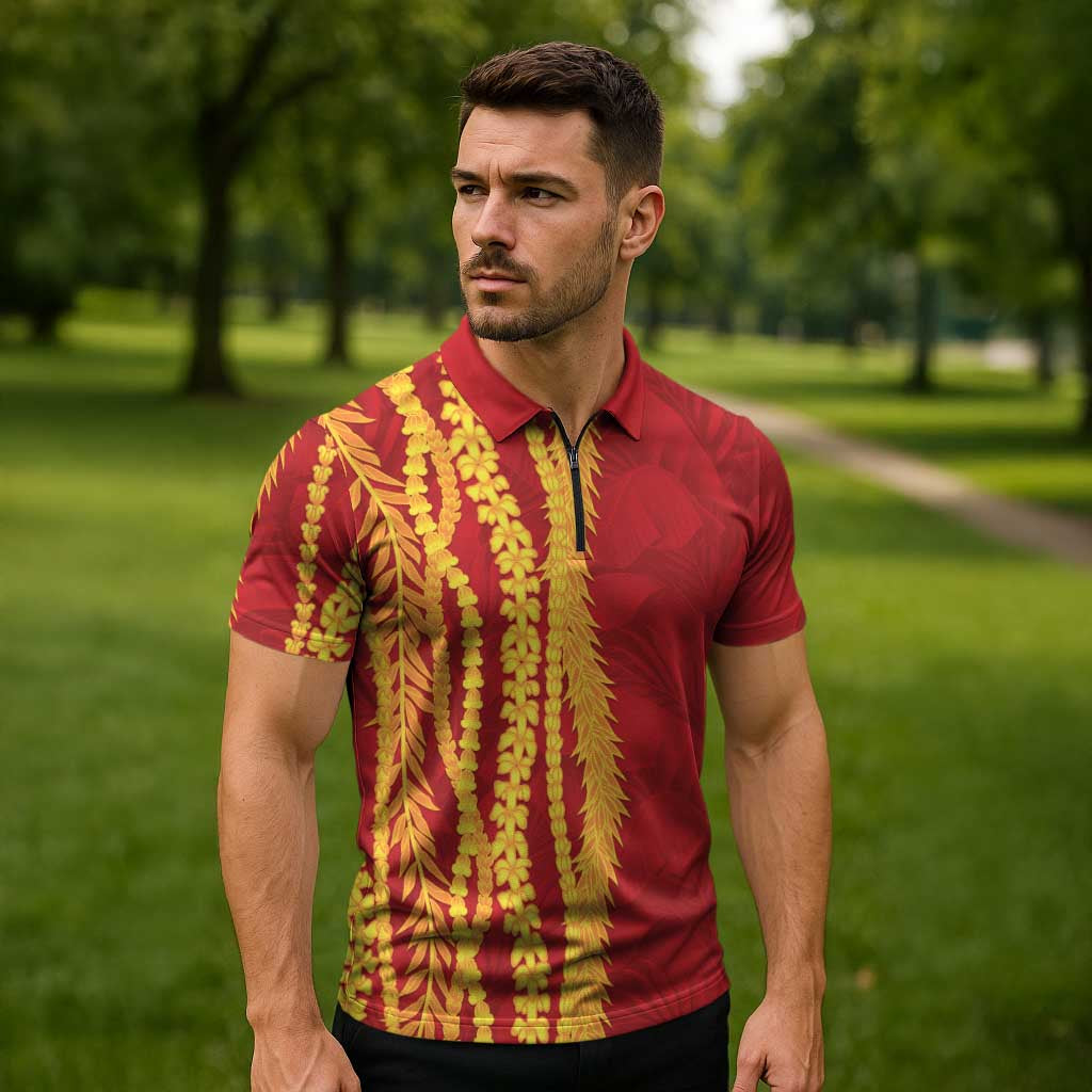 Hawaii Prince Kuhio Zipper Polo Shirt Red Hawaiian Lau Maia With Leis
