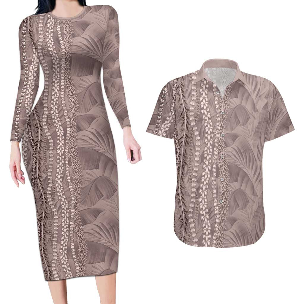 Hawaii Prince Kuhio Couples Matching Long Sleeve Bodycon Dress and Hawaiian Shirt Mocha Hawaiian Lau Maia With Leis LT05 Mocha - Polynesian Pride