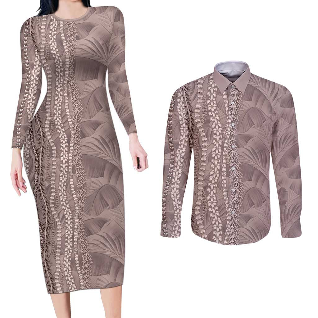 Hawaii Prince Kuhio Couples Matching Long Sleeve Bodycon Dress and Long Sleeve Button Shirt Mocha Hawaiian Lau Maia With Leis LT05 Mocha - Polynesian Pride