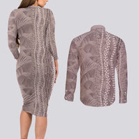 Hawaii Prince Kuhio Couples Matching Long Sleeve Bodycon Dress and Long Sleeve Button Shirt Mocha Hawaiian Lau Maia With Leis LT05 - Polynesian Pride