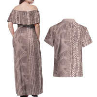 Hawaii Prince Kuhio Couples Matching Off Shoulder Maxi Dress and Hawaiian Shirt Mocha Hawaiian Lau Maia With Leis LT05 - Polynesian Pride