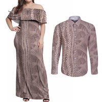 Hawaii Prince Kuhio Couples Matching Off Shoulder Maxi Dress and Long Sleeve Button Shirt Mocha Hawaiian Lau Maia With Leis