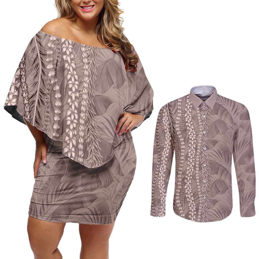 Hawaii Prince Kuhio Couples Matching Off Shoulder Short Dress and Long Sleeve Button Shirt Mocha Hawaiian Lau Maia With Leis LT05 Mocha - Polynesian Pride