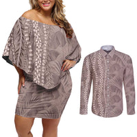 Hawaii Prince Kuhio Couples Matching Off Shoulder Short Dress and Long Sleeve Button Shirt Mocha Hawaiian Lau Maia With Leis LT05 Mocha - Polynesian Pride