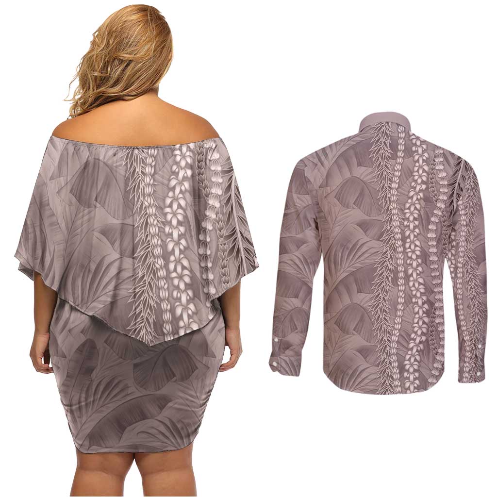 Hawaii Prince Kuhio Couples Matching Off Shoulder Short Dress and Long Sleeve Button Shirt Mocha Hawaiian Lau Maia With Leis LT05 - Polynesian Pride